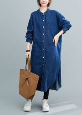 Vestido camisero de algodón azul vaquero sencillo, de gran tamaño, con cuello alto y abertura lateral